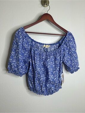 NWT Nation LA 100% Pima Cotton Blue Floral Puff Sleeve Tie Front Blouse Top